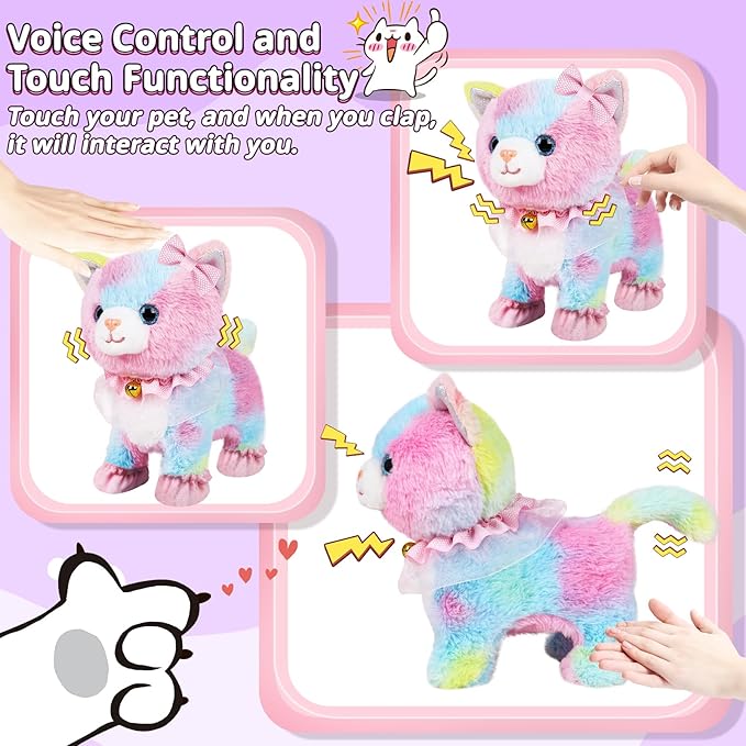 Jimate Interactive Electronic Plush Toy Walking and Barking Robot Cat Plush Cat Remote Control Kitten for Girls (Colorful Cat)