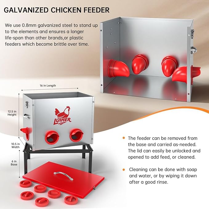 LUIHER Chicken Food Dispenser 40lb 6 Ports Large Capacity Galvanized Metal Poultry Feeder with Legs and Lids - Reduces Refilling Frequency - No Waste Chicken Feeding Equipment for Hen Coop