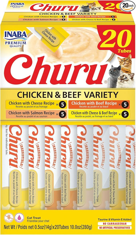 INABA Churu Cat Treats, Lickable, Squeezable Creamy Purée Cat Treat with Green Tea Extract & Taurine, 0.5 Ounces Each Tube, 20 Tubes, Chicken & Beef Variety Box
