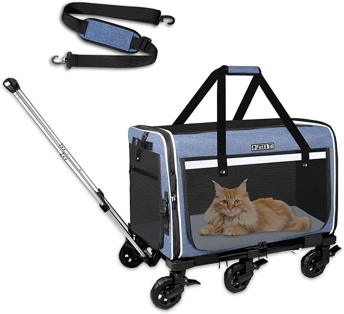Petskd Extra Large Pet Carrier with Wheels for Large Cat or Medium Dog, 24" X 17" X 15" Soft-Sided Rolling Dog Cat Carrier for Indoor and Outdoor Uses, Support up to 40 Lbs, Blue