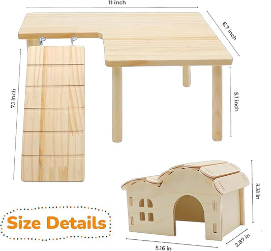2 Pcs Wooden Hamster Platform Set, Hamster Wooden House Hideout, with Detachable Ladder Bridge, Climbing Toys, Cage Accessories, Small Animals Habitat Decor for Rat Gerbils and Other Small Pets