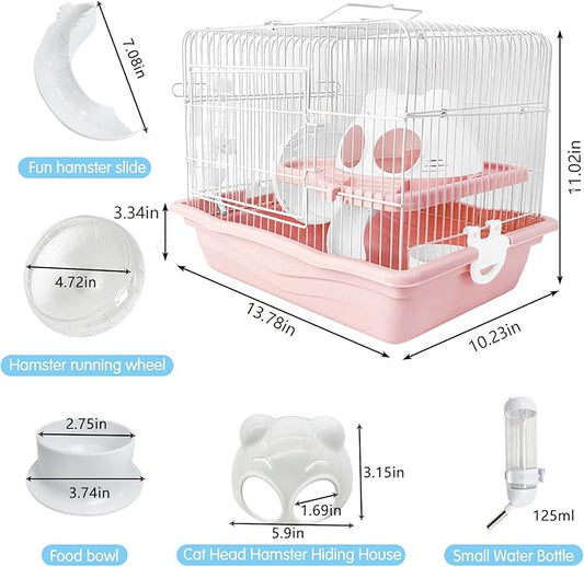 PINVNBY Dwarf Hamster Cage, Small Animal Cages, 2-Tier Travel Portable Mouse Cage Hamster Carrier with Castle House Running Exercise Wheels, Water Bottle and Food Dish（Pink）