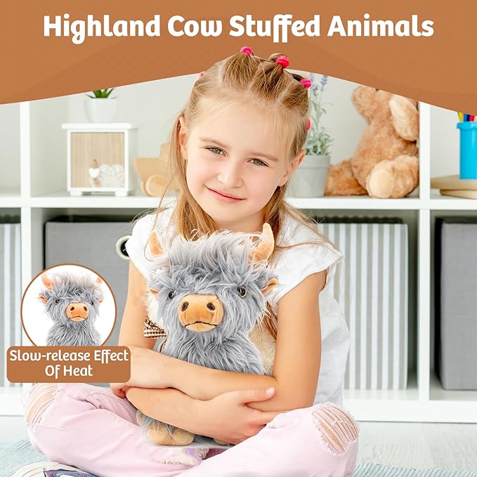 Marysun Highland Cow Stuffed Animal Toy Non-Microwavable Gray Stuffed Animal Gift for Girls and Kids, 9.8in, 0.5lb