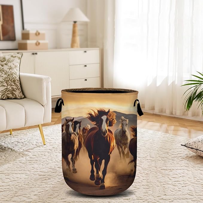 Running Horse Laundry Basket, Laundry Hamper Collapsible Oxford Cloth with Handle Clothes Storage Bin for Bathroom Laundry Room Bedroom 15.7 X 20 Inch