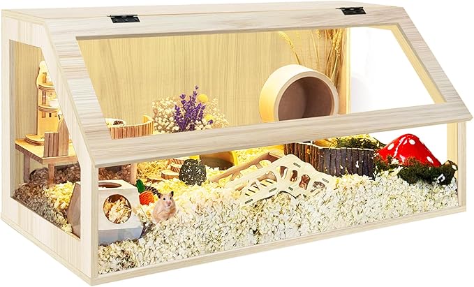 PROLEE Hamster Cage Chewproof, 40" x 20" x 20" Sloped Mice and Rat Habitat with Clear View, Solid Built with Lockable Design and Openable Top (Oak)