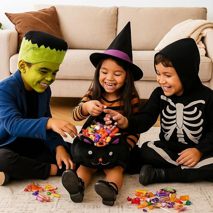 Halloween Plush Treat Basket, Halloween Candy Basket, Trick-or-Treat Bag(Black Cat Witch)