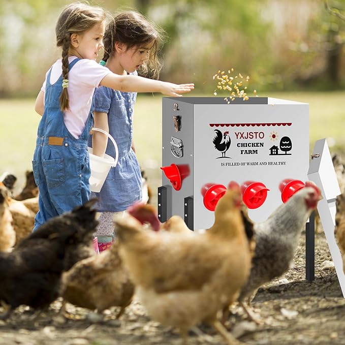 50LB Automatic Chicken Feeder with 8 Ports, Heavy Duty Metal No-Waste Poultry Feeder, Rustproof & Weatherproof Design with Adjustable Legs & Locking Lid