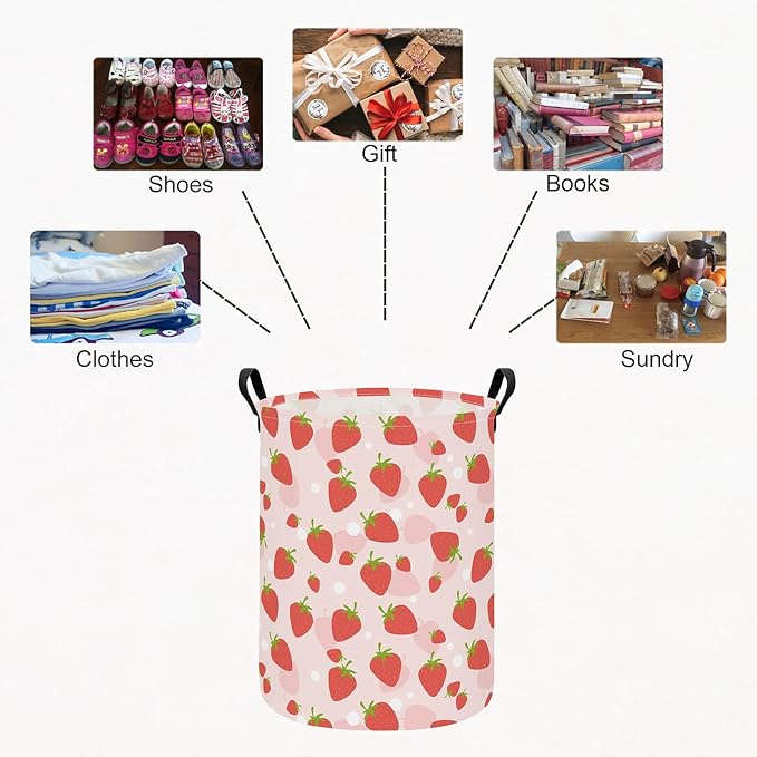 Collapsible Fabric Storage Basket, Waterproof Laundry Hamper with Handles, Round Storage Bin for Clothes Toys, Foldable Organizer for Bedroom Nursery Bathroom(Round-Pink Strawberry)