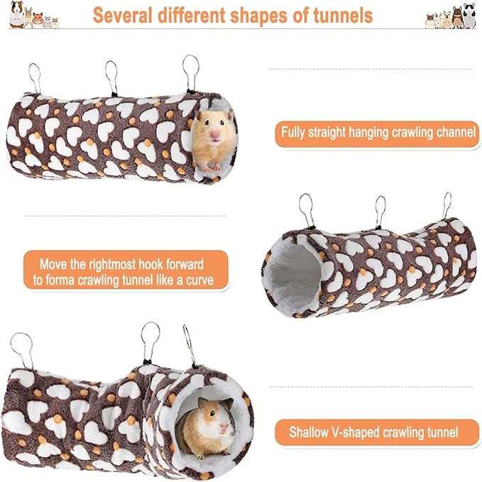 Double Hammock Hanging Tunnel for Ferret Bed and Cage Accessories, Rat Cage Hammock, Sugar Glider Toys(Brown,Heart)
