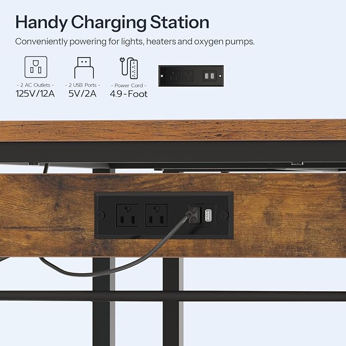 HOOBRO Fish Tank Stand with Power Outlet and LED Light, 20-29-37 Gallon Aquarium Stand with Storage Shelves, 30.7" L x 13.8" W, Reptile Tank Stand with Stable Metal Frame, Rustic Brown BF80UDFT01G1