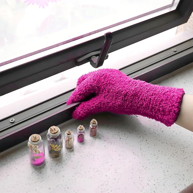 Patelai 2 Pairs Microfiber Gloves for plants Dusting Cleaning Glove Mittens House Cars Blinds Dusting(Pink, Rose Red,Large)