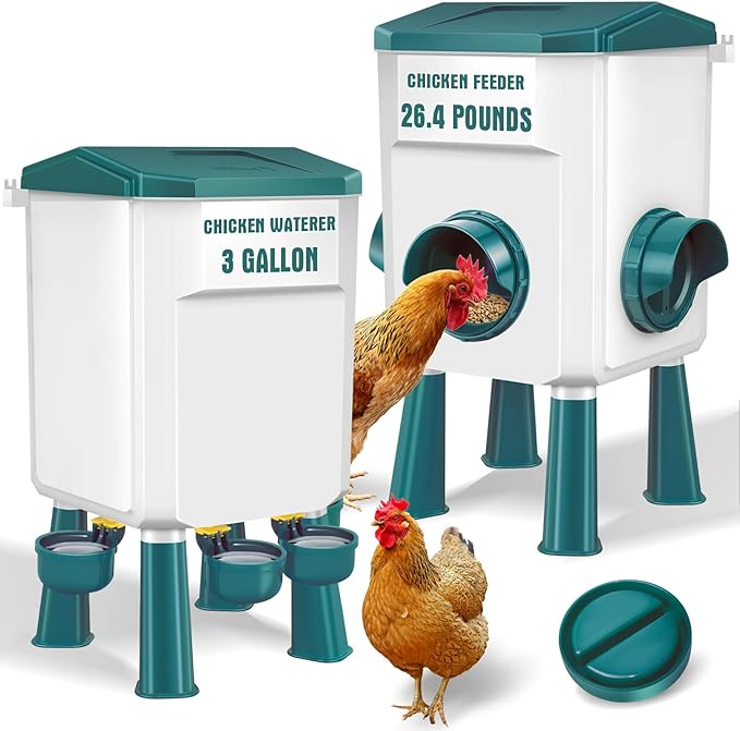 Chicken Feeder and Waterer Set 3 Gallon/26.4 Pounds, Automatic Chick Feeder and Waterer Set No Waste, Poultry Feeder Large for Hens/Ducks/Poultry