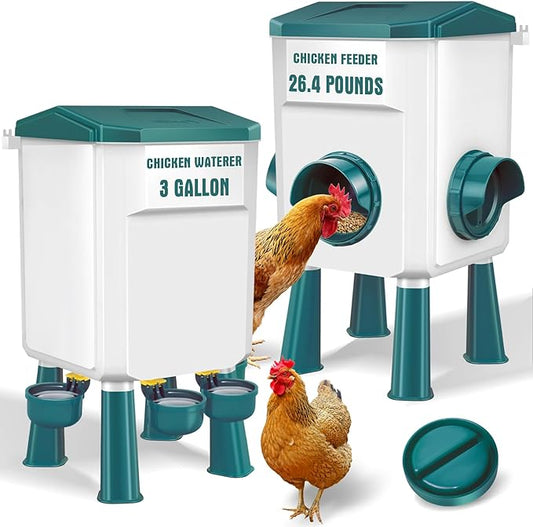 Chicken Feeder and Waterer Set 3 Gallon/26.4 Pounds, Automatic Chick Feeder and Waterer Set No Waste, Poultry Feeder Large for Hens/Ducks/Poultry