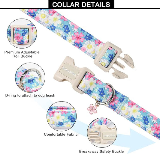 Lionet Paws Floral Dog Collar- Cute Spring Wildflowers Daisy Forget Me Not Dog Collars with Plastic Buckle,Light Adjustable Dog Collars for Small Dogs