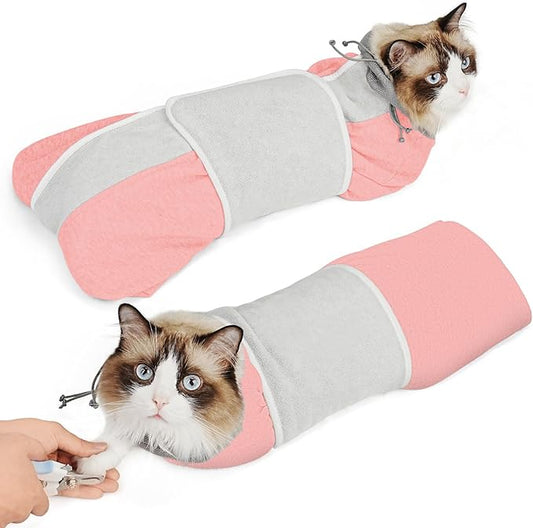 Supet Cat Grooming Wrap for Cutting Nails, Self-Adhesive Anti-Scratch Swaddle with Bite-Proof Mesh Hood & Thick Waist Strap Anti-Escape Bag for Nail Trimming, Medication, Ear Cleaning (Pink S)