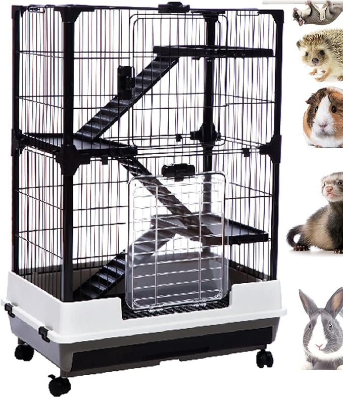 Large 4-Level Indoor Small Animal Pet Cage for Guinea Pig Ferret Chinchilla Cat Playpen Rabbit Hutch Solid Platform Ramp Easy Pull Out Washable Leakproof Litter Tray Large Access Doors Lockable Caster