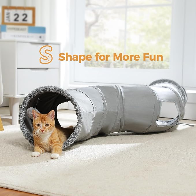PAWZ Road Cat Tunnel S Shape Cat Tunnels for Large & Indoor Cats 51”Long | Durable, Spacious 10.5" Cat Tube with Peepholes & Dangling Ball Toy, Connected to Play Tunnels, Collapsible for easy storage
