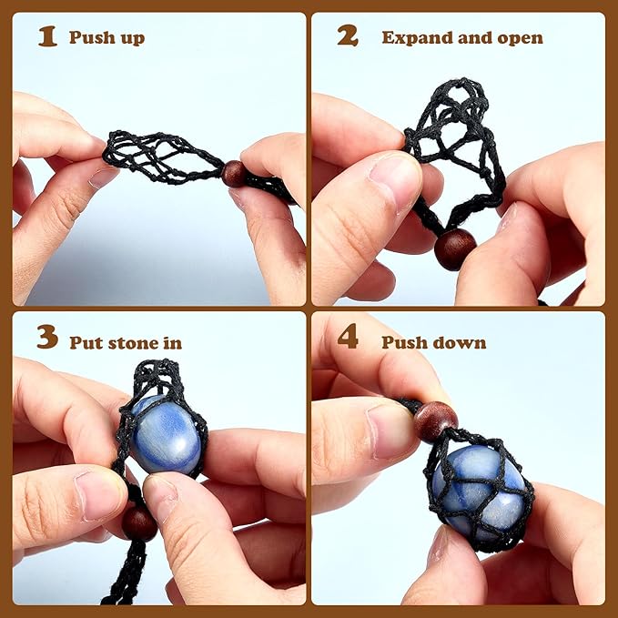 Hicarer 6 Pieces D20 Necklace Cord Empty Stone Holder Empty Necklace Holder Quartz Crystal Stone Cord, 3 Sizes Adjustable Cage Fish Netted for DIY Jewelry Making(Black,Beige)
