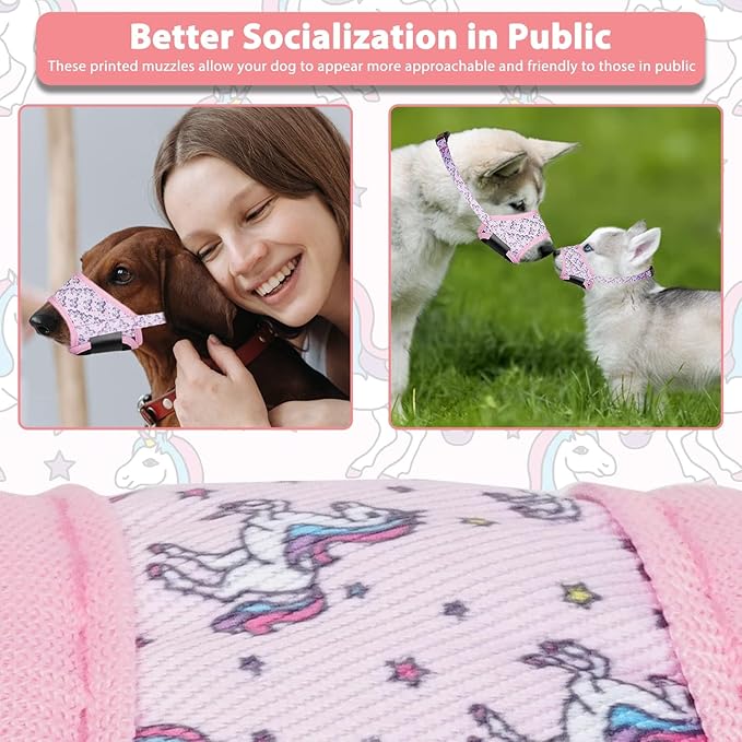 LUCKYPAW Dog Muzzle Anti Biting and Chewing with Comfortable Mesh Soft Fabric and Adjustable Strap, Suitable for Small, Medium and Large Dogs(Pink Unicone,L)