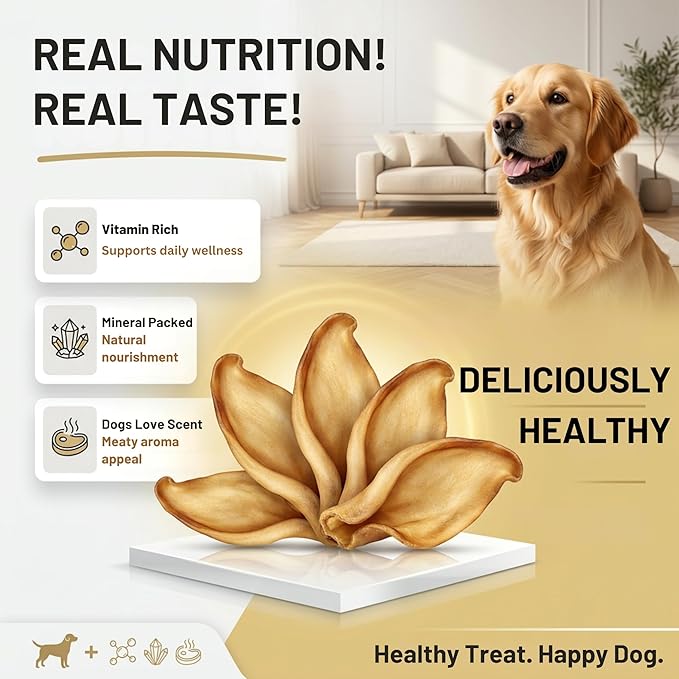 100% Natural Pet Treats 12 Pack Grass Fed Water Buffalo Ears for Dog | High Protein Beef Cow Ears for Dogs Safe Rawhide Dog Treat Suitable for Small, Medium & Large Breeds Dogs Chews