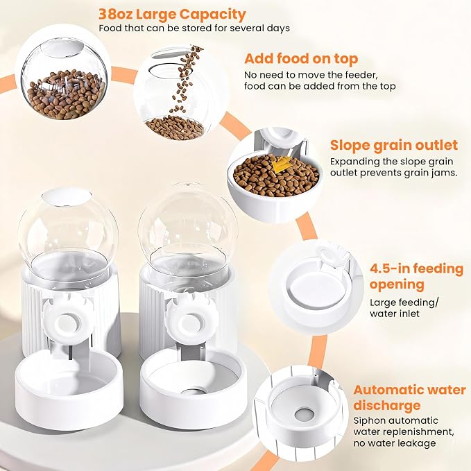 38oz Hanging Automatic Food Water Dispenser, Large Capacity Gravity Rabbit Water Dispenser and Feeder Set, for Bunny Guinea Pig Chinchilla Ferret Cage Accessories (White)