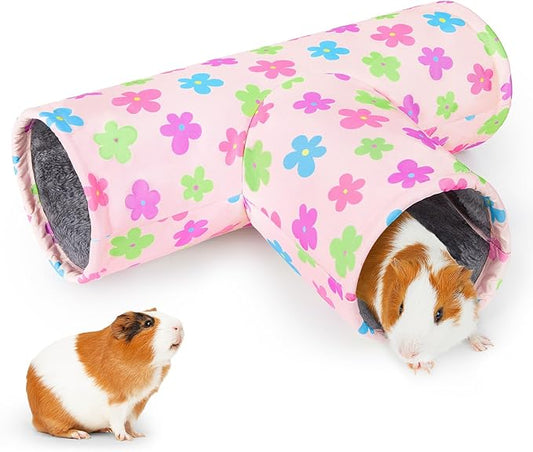 Glittme Guinea Pig Tunnel Washable Guinea Pigs Hideout Portable Rabbit Tunnels Soft Ferret Tunnel for Playing Resting Guinea Pig Accessories for Hedgehogs, Hamster, Apricot Flowers