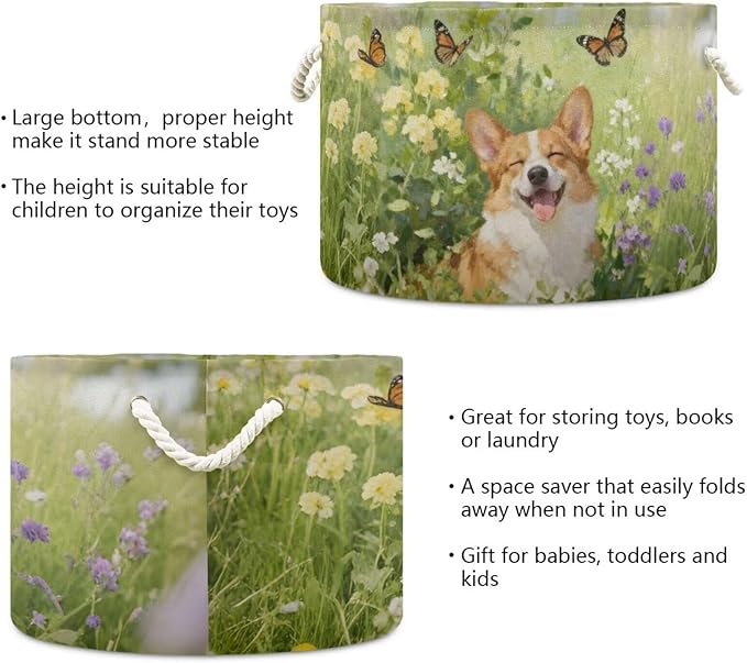 Joyful Corgi Print Round Storage Basket Dog Flower Garden Large Laundry Hamper 20 x 20 x 14 Inches Organizer Bin with Cotton Rope Handles Clothes Storage Bag for Nursery Bedroom Living Room Decor