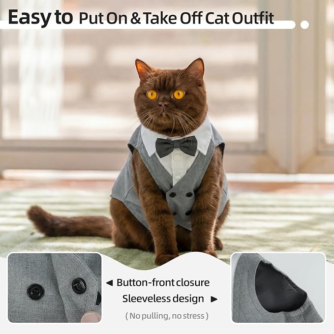 QBLEEV Cat Tuxedo Outfit with Bow Tie, Sphynx Cat Costume Formal Suit Wear | Soft breathable, stylish hairless clothes for cats only, kitten wedding birthday party shirt apparel for male boy