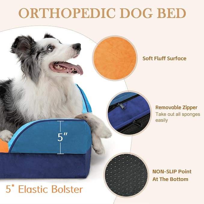 Comfort Expression Orthopedic Dog Bed for Extra Large Dogs with Bolster | Waterproof Dog Couch Bed with Washable Cover & Non-Slip Bottom, Supportive Egg Crate Foam XL Pet Bed, 45x35 Inch