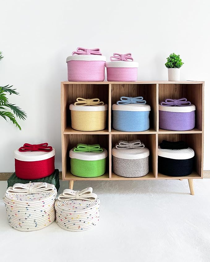 Small Storage Baskets with Lids, Round Woven Rope Basket with Lid, Cute Storage Box for Small Toy, Gift or Home Decor, Decorative Basket with Rainbow Pom-pom & Cute Bow Handle (rainbow)