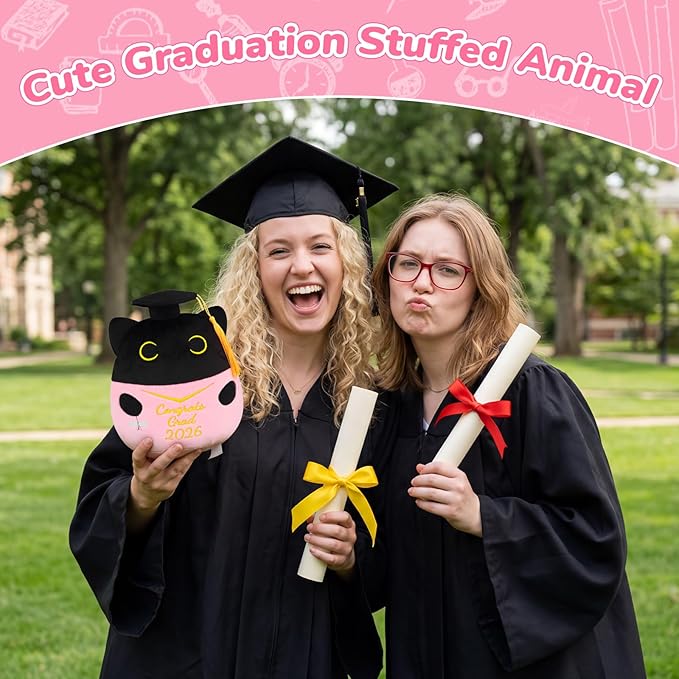 Graduation Black Cat Plush, 8 Inch Graduation Plush with Diploma Tassel Hat, Class of 2026 Graduation Stuffed Animal for Kids & Firends, High School College Kindergarten Graduation Gifts