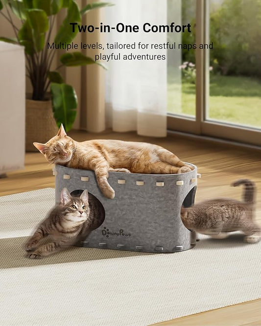 DownyPaws Cat House for Indoor Cats, Cat Bed Cave for Multiple & Large Cats Up to 22 Lbs, Scratch Resistant, Foldable Peekaboo Kitten Caves Tunnel Enclosed Bed, PeekaPurr, Light Gray