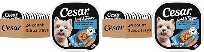 Cesar Loaf & Topper in Sauce Wet Dog Food, Rotisserie Chicken Flavor with Bacon & Cheese, Wet Food for Dogs, 3.5 oz Easy Peel Trays, 24 Count (Pack of 2)
