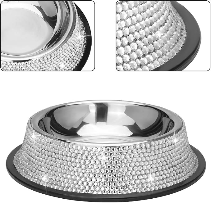 SAVORI Bling Dog Bowls White, 640ML Handmade Bling Rhinestones Stainless Steel Pet Bowls Double Food Water Feeder for Puppy Cats Dogs - Set of 2