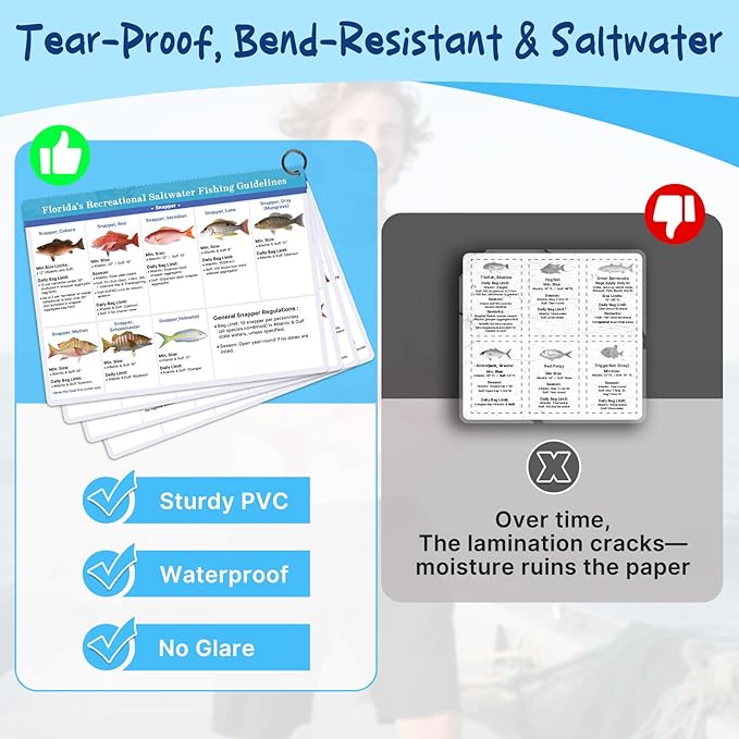 OCQOTAT Florida Saltwater Fish& Shark Identification Set–4 Double-Sided Waterproof Quick-Reference Fishing Guide Cards with FWC Rules,Size Limits&80+ Fish&Sharks in Real Photos| Ring Binding,8.2x6inch