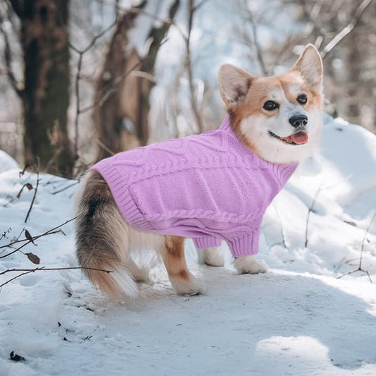 Queenmore Small Dog Pullover Sweater, Cold Weather Cable Knitwear, Classic Turtleneck Thick Warm Clothes for Chihuahua, Bulldog, Dachshund, Pug (Lilac, Large)