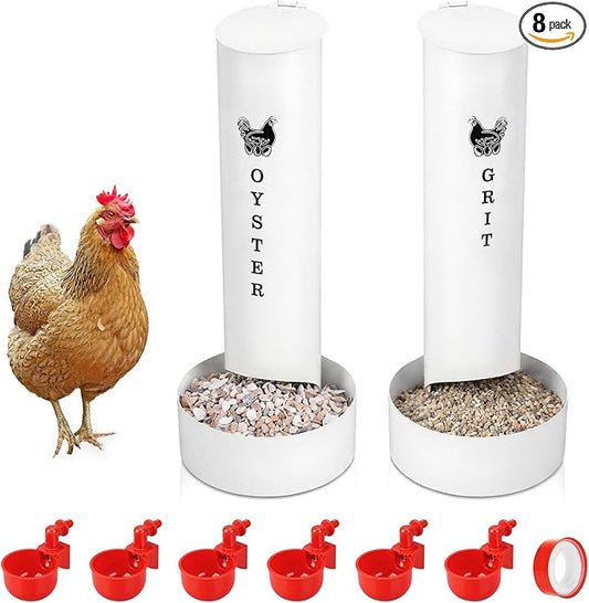 Chicken Oyster Shell Feeder and Grit Feeder and 6 Pcs Automatic Chicken Waterer Cup, Metal Hanging Poultry Feeders and Plastic Poultry Water Cup, Coop Accessories, White
