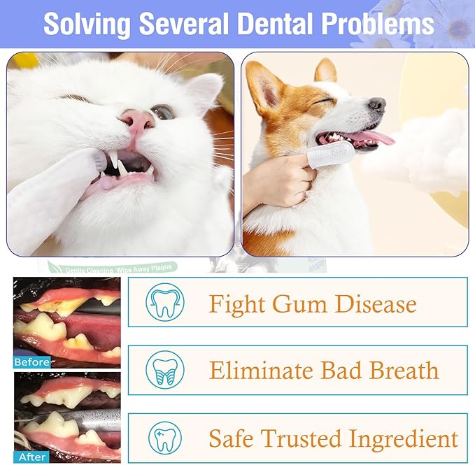 Pet Teeth Cleaning Finger Wipes for Dogs & Cats, Dog Dental Wipes for Removing Plaque and Tartar Buildup, No-Rinse Disposable Gentle Cleaning & Gum Care Pet Wipes, 50 Counts