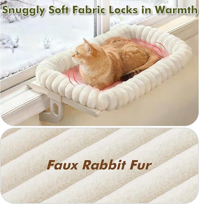 Zoratoo Cloud-Cuddle Cat Window Perch with 4-Sided Bolster, Zipper Design Cushion Window Seat for Window Sill, Sturdy Metal Frame & Easy Assembly Pet Hammock Bed for Indoor Cats (White, Medium)