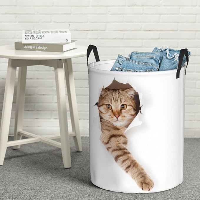 Cute Cat In White Hole Round Laundry Hamper Storage Basket Toys Clothes Organizer Bin For Home Bathroom Bedroom Dorm Nursery, 62l