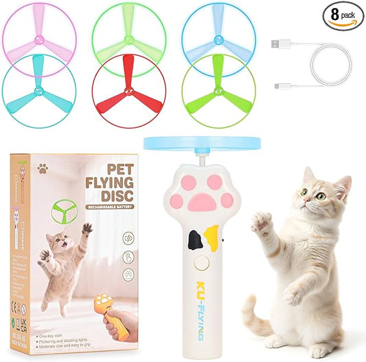 Cat Fetch Toy, Rechargeable Flying Disc Launcher with 6 Flying Discs, Cat Interactive Hunting Toys for Outdoor & Indoor (White)