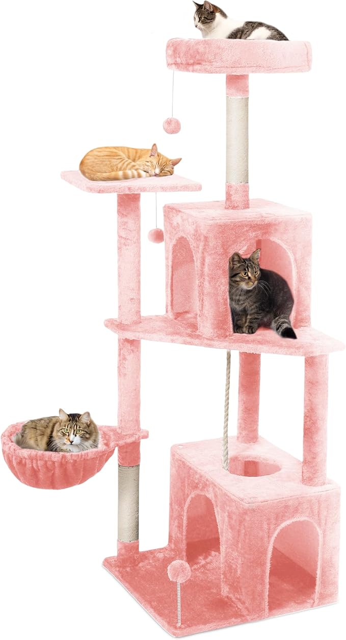 54-Inch Cat Tree Tower with 2 Caves & 2 Pompoms - Multi-Level Tower for Indoor Cats, Soft Plush Condo with Scratching Posts - Sturdy Base for Large Cats(Pink)