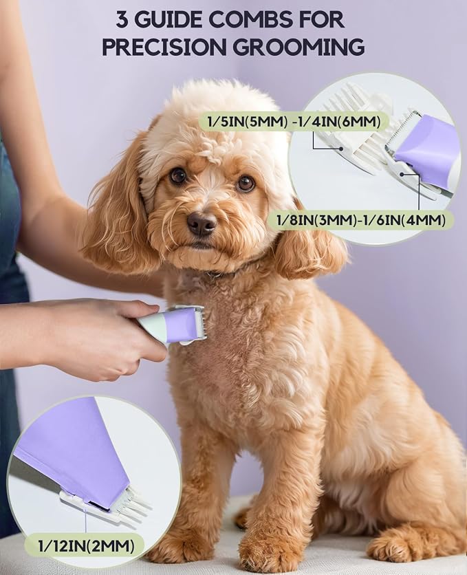 Dog Clippers Grooming Kit, 4 in 1 Quiet Cordless Dog Paw Trimmer & Nail Grinder, Small Cat Clippers Electric Rechargeable Low Noise Pet Shaver for Trimming Hair on Paw Eye Ear Face (Purple) | Quiet Cordless Dog Hair Trimmer for Paw Nail Grinder, Cat Gr...