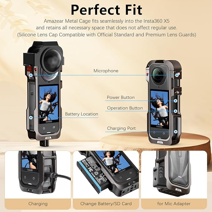 AMAZEAR Metal Protective Case for Insta360 X5 Accessories, Insta 360 X5 Multifunction Utility Frame Stronger Construction Aluminum Cage with Quick-Release Safety Lock, Various Expansion Mounts