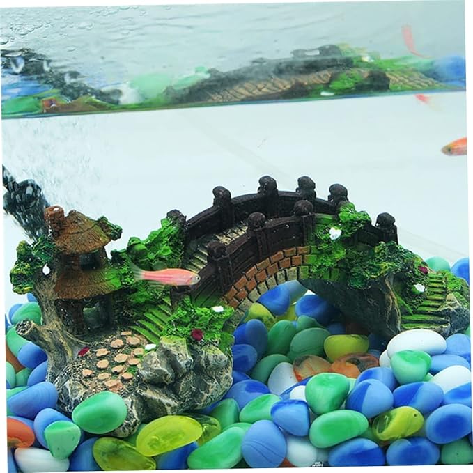 1pc Aquarium Landscaping,Magical Aquarium Resin Decoration Colorful Bridge Pavilion Tree Rockery for Fish Tank