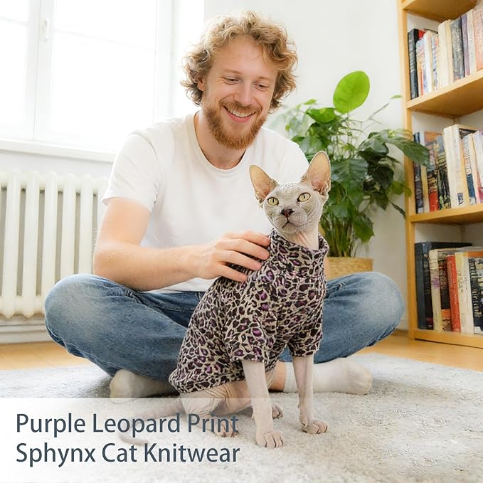 Sphynx Cat Sweater Hairless Cat Clothes Sweater Shirt Soft Warm Long Sleeves Pullover Pet Clothes Pajamas Dog Cloth for Small Dogs Jumpsuit Pet Sweaters (Purple Leopard, XX-Large)