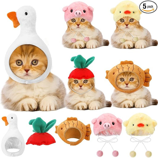 Weewooday 5 Pcs Cat Adorable Costume Pig Chick Goose Watermelon Taiyaki Fish Cat Hat for Pets and Small Dogs Kitten Puppy Party Costume Accessory Headwear