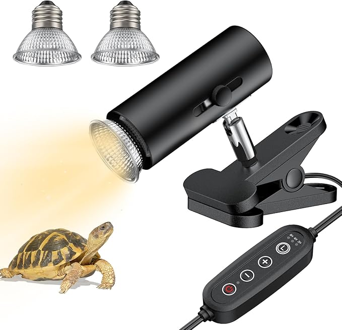 Pawfly Reptile Heat Lamp, Terrarium Basking Spot Lamp with 2 Pack 50 W UVA UVB Bulbs, Timer & Dimmer, Adjustable Heating Light for Amphibian, Bearded Dragon, Tortoise, Lizard & Chameleon