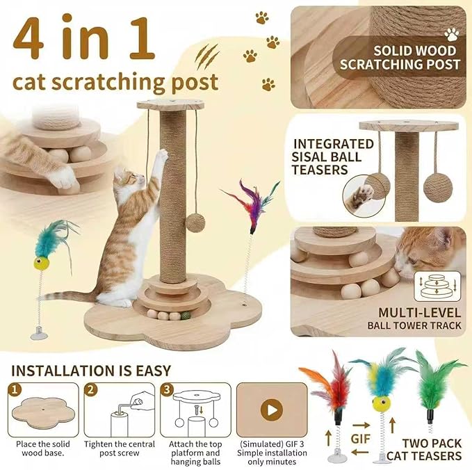 4-in-1 Wooden Cat Scratcher Toy,Cat Scratching Post&2-Level Track Tower With 8 Balls&2 Sisal Ball&2 Cat Wand Toy,Indoor Cat Activity Center For Cats Of All Ages And Body Types (11.8"L x 11.8"W x 19"H)