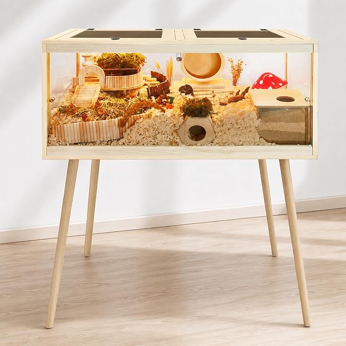 PROLEE Hamster Cage Chewproof, Mice and Rat Habitat with Transparent Sides, Hamster Cage with Openable Mesh Top, Solid Built with Lock Design and Leg Stand, 48" inch